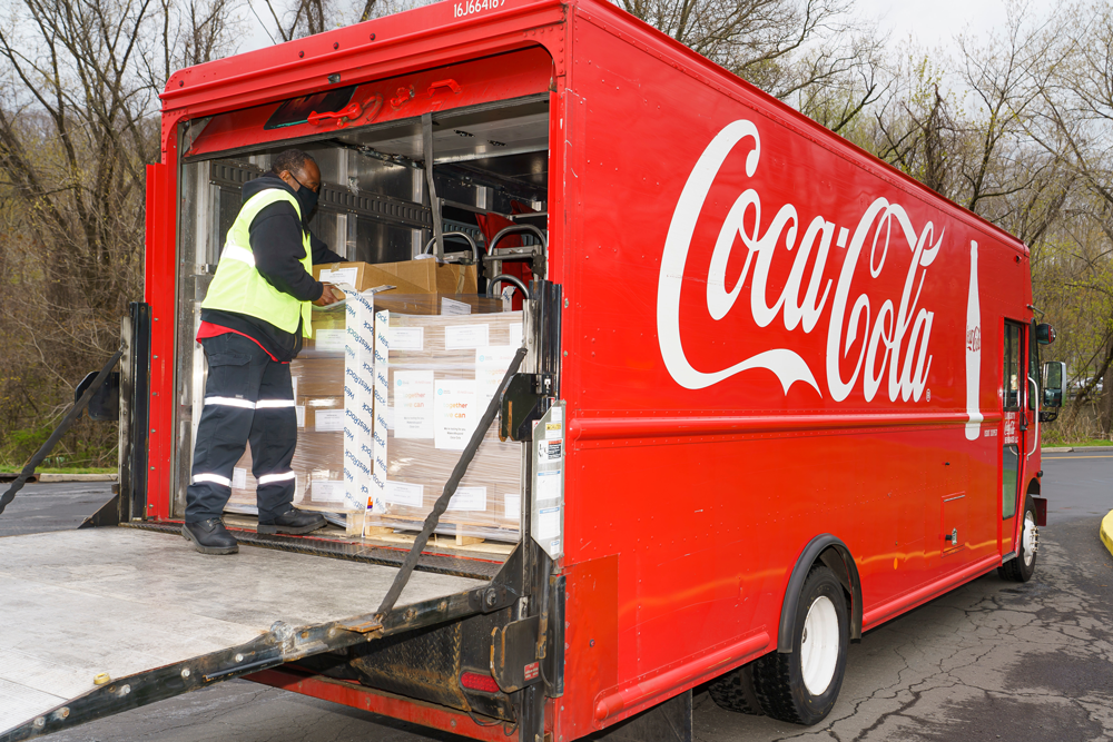 A Liberty Coca-Cola Beverages associate loads up plastic sheeting at a distribution center in Elmsford, N.Y. 