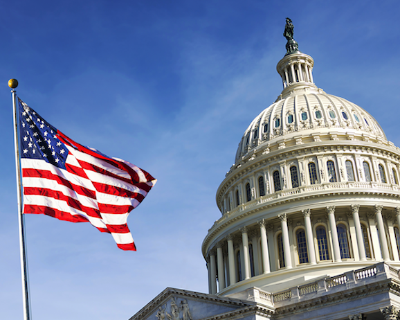 American flag against the backdrop of the capitol building